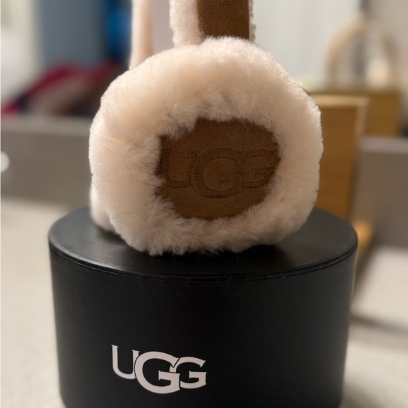 UGG Embroidered Letter Accents Cream and Brown Plush Earmuffs - Picture 2 of 5